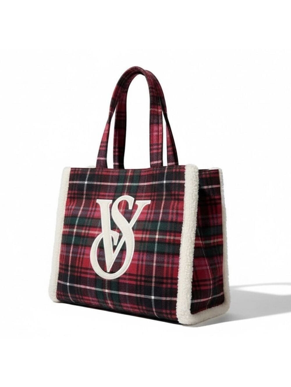 Victoria's Secret Christmas Tote Bag Sherpa Limited Ed Tartan Plaid Holiday NWT